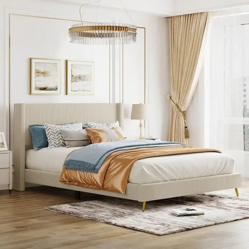 Elegant Upholstered Wood Platform Bed with Upholstered Headboard