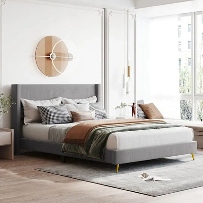Elegant Upholstered Wood Platform Bed with Upholstered Headboard