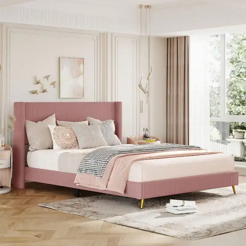 Elegant Upholstered Wood Platform Bed with Upholstered Headboard