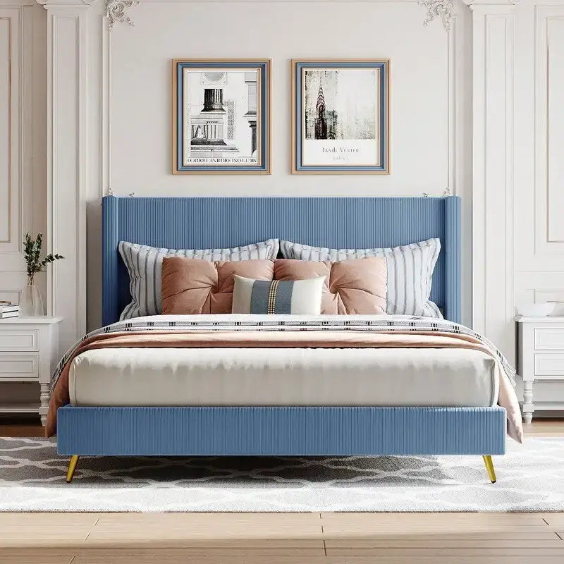 Elegant Upholstered Wood Platform Bed with Upholstered Headboard