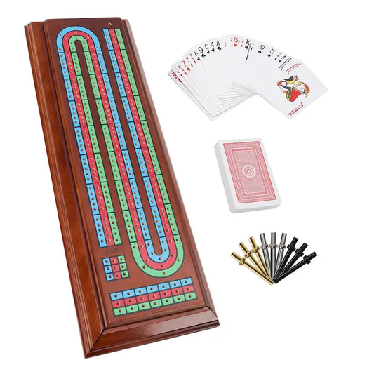 GSE 3-Track Wooden Cribbage Board Box with 2 Deck Playing Cards, 9 Metal Pegs and Drawer
