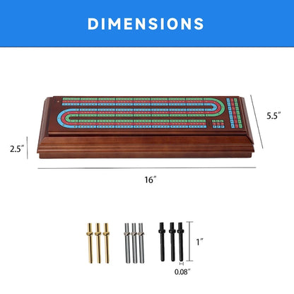 GSE 3-Track Wooden Cribbage Board Box with 2 Deck Playing Cards, 9 Metal Pegs and Drawer