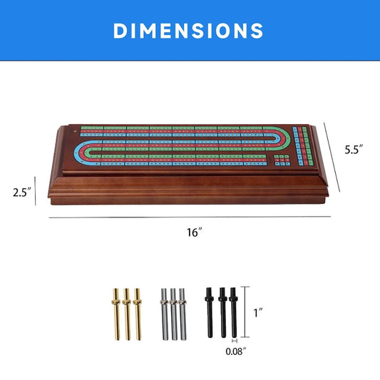 GSE 3-Track Wooden Cribbage Board Box with 2 Deck Playing Cards, 9 Metal Pegs and Drawer