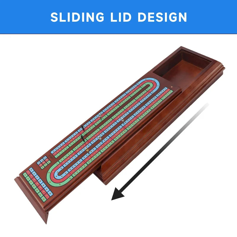 GSE 3-Track Wooden Cribbage Board Box with 2 Deck Playing Cards, 9 Metal Pegs and Drawer