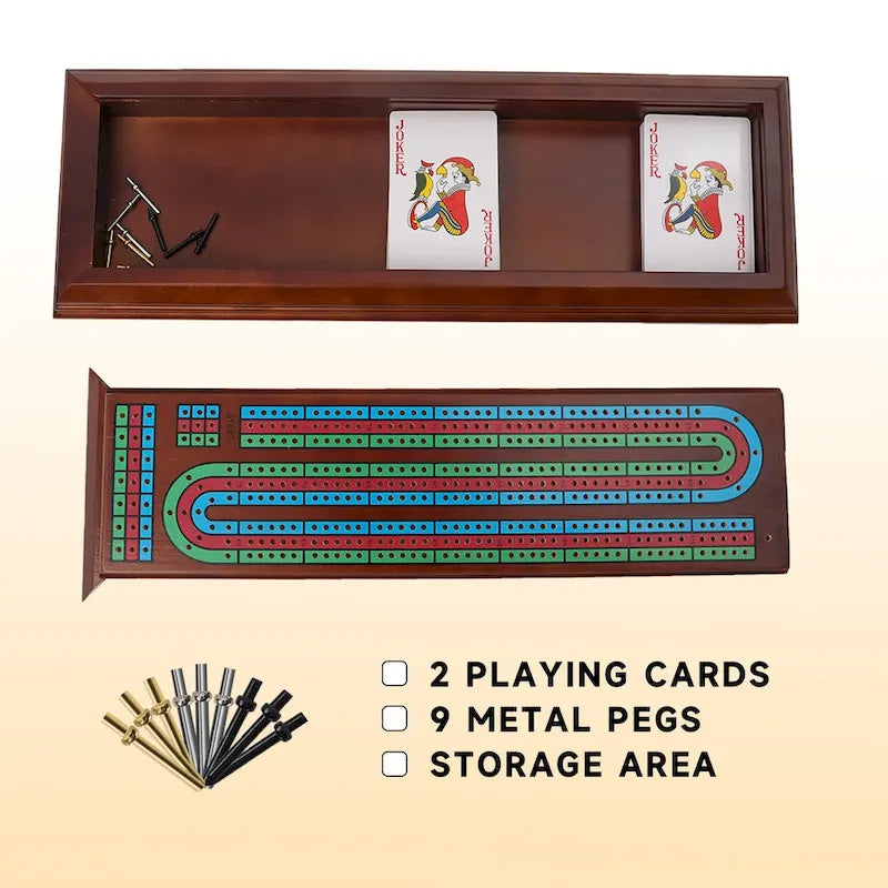 GSE 3-Track Wooden Cribbage Board Box with 2 Deck Playing Cards, 9 Metal Pegs and Drawer