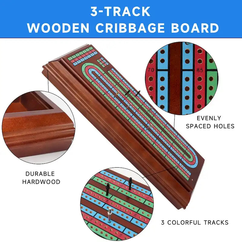 GSE 3-Track Wooden Cribbage Board Box with 2 Deck Playing Cards, 9 Metal Pegs and Drawer
