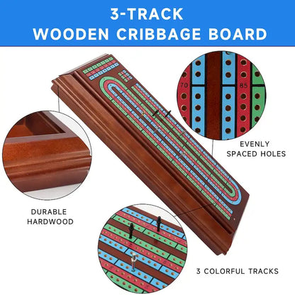 GSE 3-Track Wooden Cribbage Board Box with 2 Deck Playing Cards, 9 Metal Pegs and Drawer