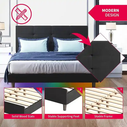 Mixoy Bed Frame with Smart RGB LED Lights Button Tufted Headboard PVC Fabric Upholstered Platform No Box Spring Needed
