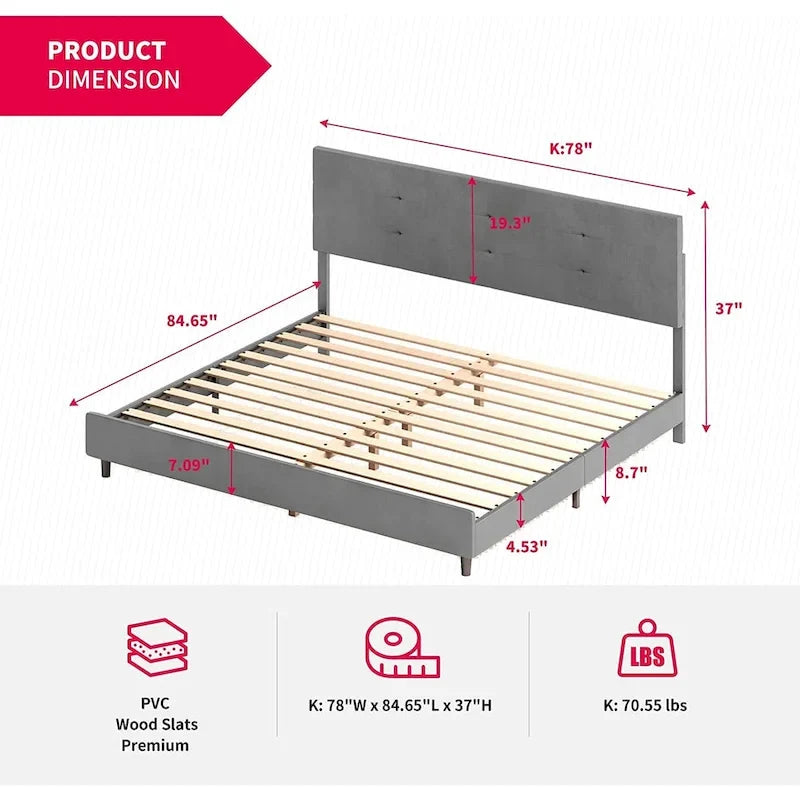 Mixoy Bed Frame with Smart RGB LED Lights Button Tufted Headboard PVC Fabric Upholstered Platform No Box Spring Needed
