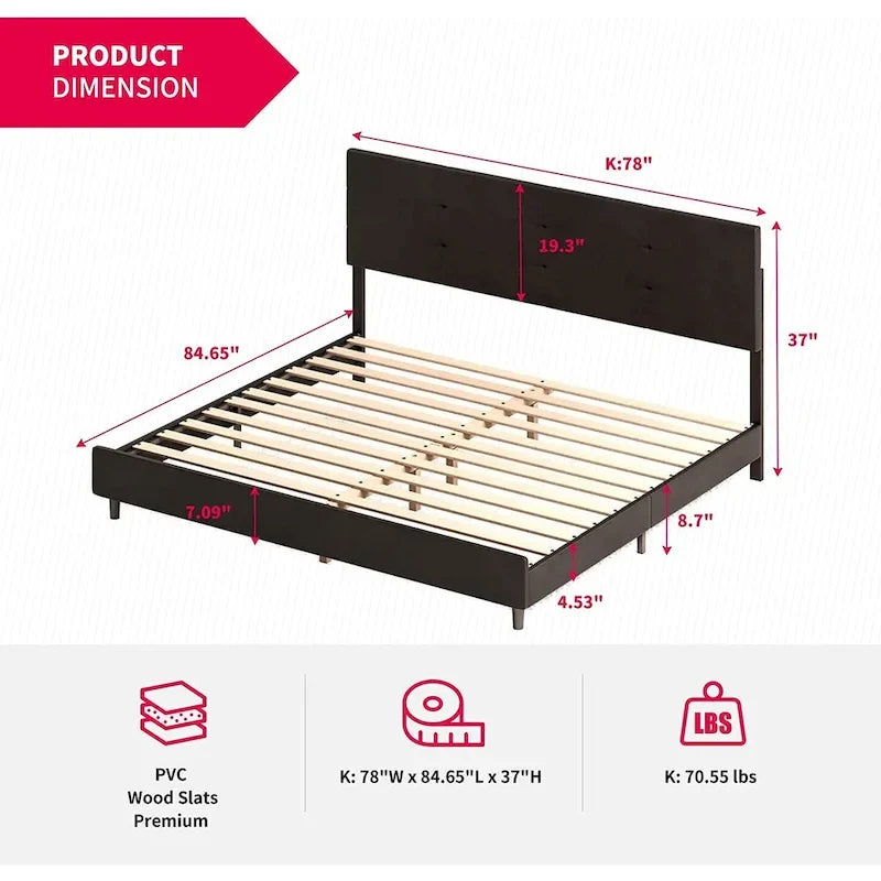 Mixoy Bed Frame with Smart RGB LED Lights Button Tufted Headboard PVC Fabric Upholstered Platform No Box Spring Needed