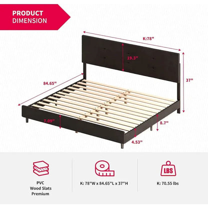 Mixoy Bed Frame with Smart RGB LED Lights Button Tufted Headboard PVC Fabric Upholstered Platform No Box Spring Needed