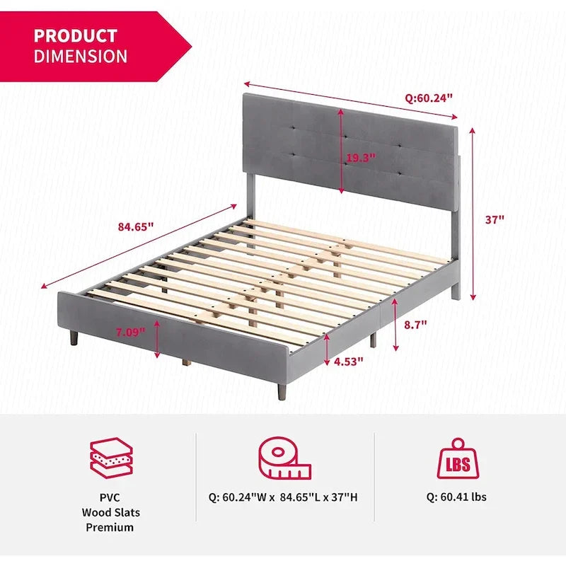 Mixoy Bed Frame with Smart RGB LED Lights Button Tufted Headboard PVC Fabric Upholstered Platform No Box Spring Needed