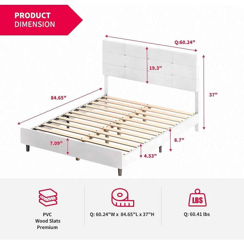 Mixoy Bed Frame with Smart RGB LED Lights Button Tufted Headboard PVC Fabric Upholstered Platform No Box Spring Needed