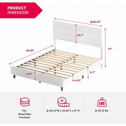 Mixoy Bed Frame with Smart RGB LED Lights Button Tufted Headboard PVC Fabric Upholstered Platform No Box Spring Needed