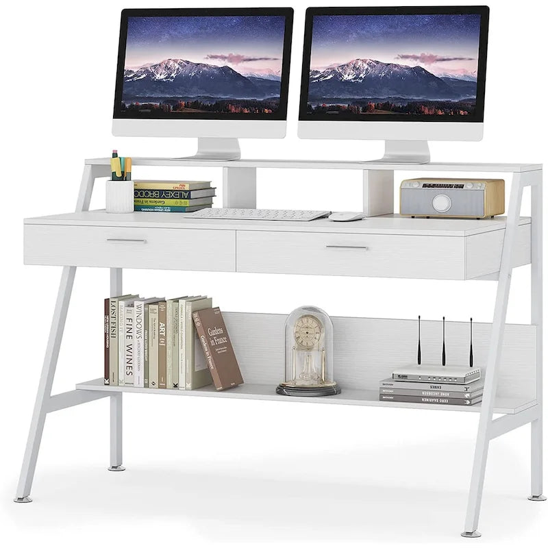 Computer Writing Desk with 2 Drawers and Storage Shelf, Monitor Stand