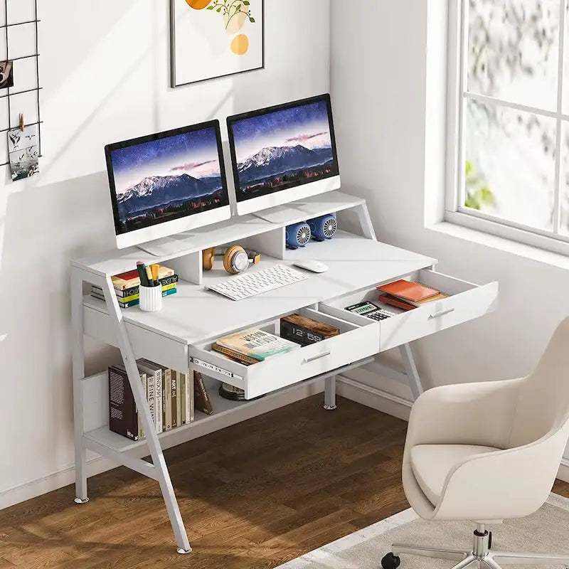 Computer Writing Desk with 2 Drawers and Storage Shelf, Monitor Stand