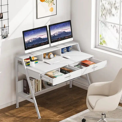 Computer Writing Desk with 2 Drawers and Storage Shelf, Monitor Stand