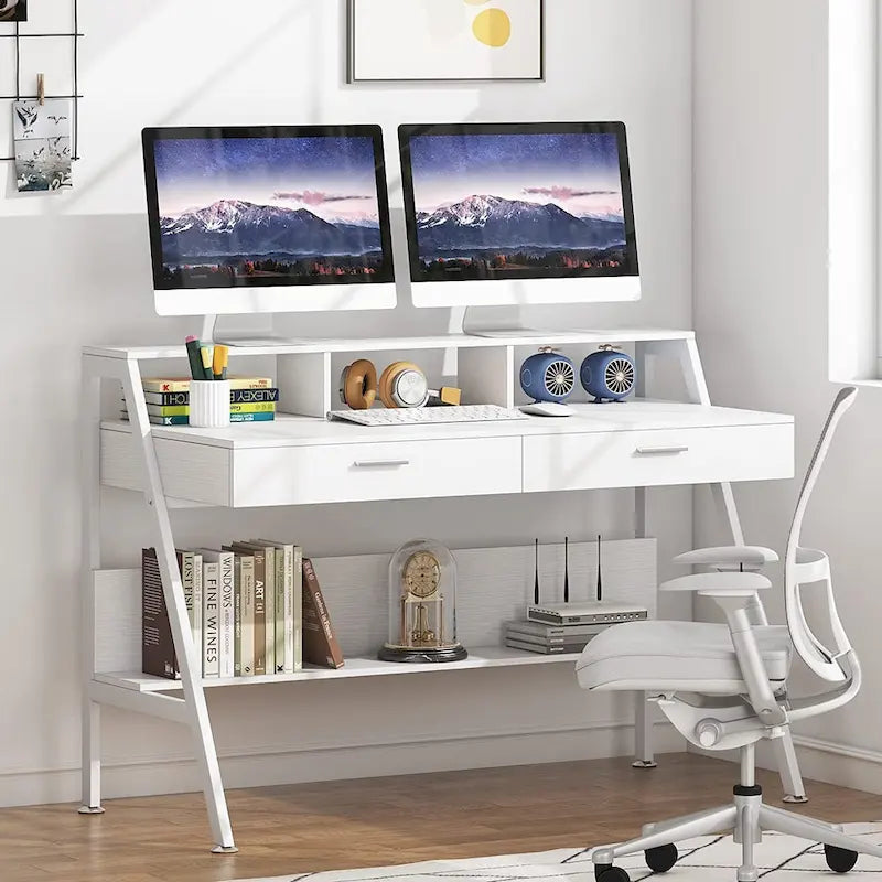 Computer Writing Desk with 2 Drawers and Storage Shelf, Monitor Stand