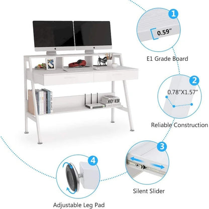 Computer Writing Desk with 2 Drawers and Storage Shelf, Monitor Stand
