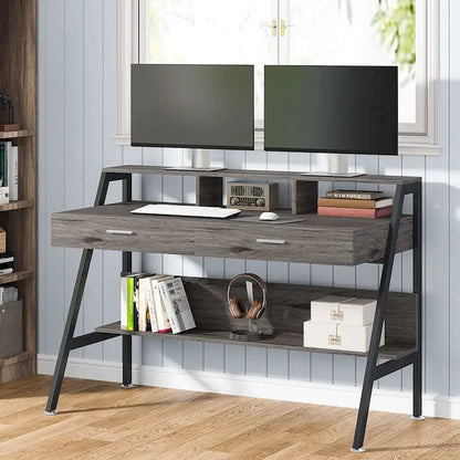 Computer Writing Desk with 2 Drawers and Storage Shelf, Monitor Stand