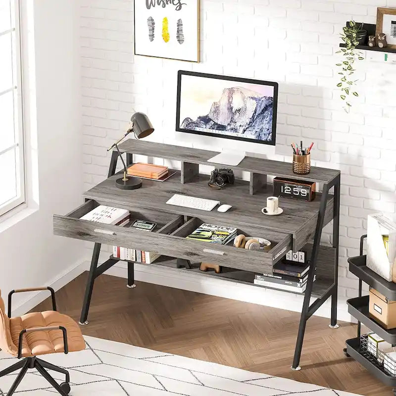 Computer Writing Desk with 2 Drawers and Storage Shelf, Monitor Stand