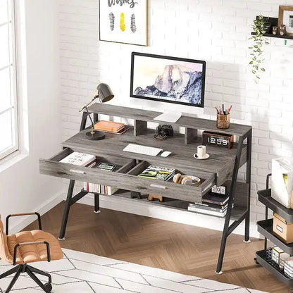 Computer Writing Desk with 2 Drawers and Storage Shelf, Monitor Stand