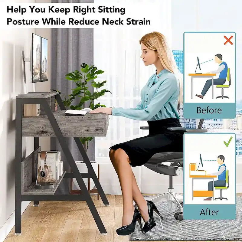 Computer Writing Desk with 2 Drawers and Storage Shelf, Monitor Stand
