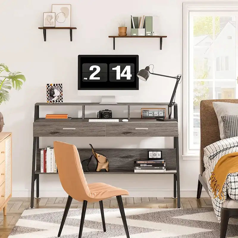Computer Writing Desk with 2 Drawers and Storage Shelf, Monitor Stand