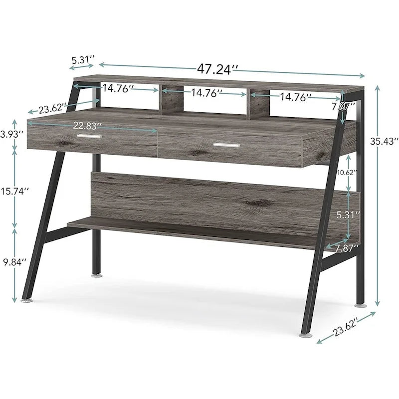 Computer Writing Desk with 2 Drawers and Storage Shelf, Monitor Stand
