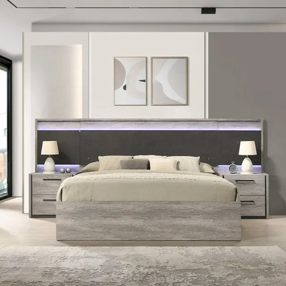 Roundhill Furniture Lenca LED Wallbed with Nightstands, Dresser, Mirror, and Chest - Weathered Gray