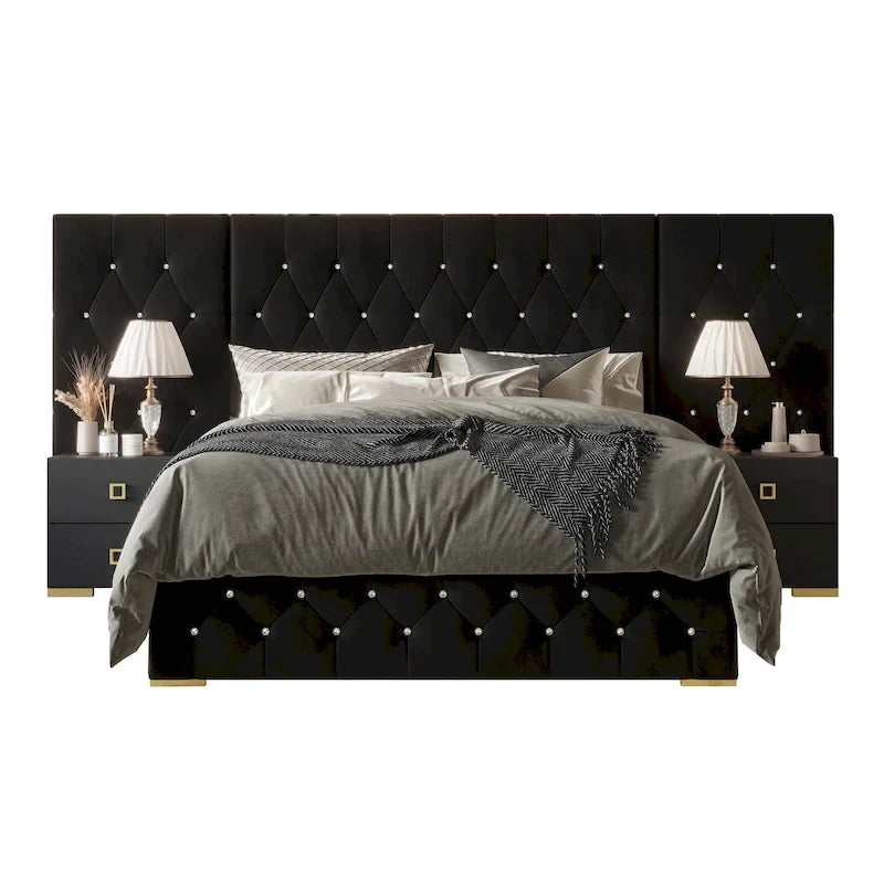 CraftPorch 3 Piece Bedroom Nightstands Set Luxurious Velvet Tufted Platform Bed