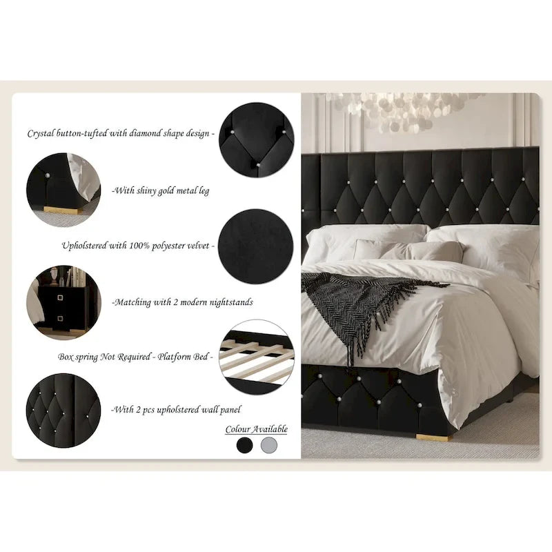 CraftPorch 3 Piece Bedroom Nightstands Set Luxurious Velvet Tufted Platform Bed