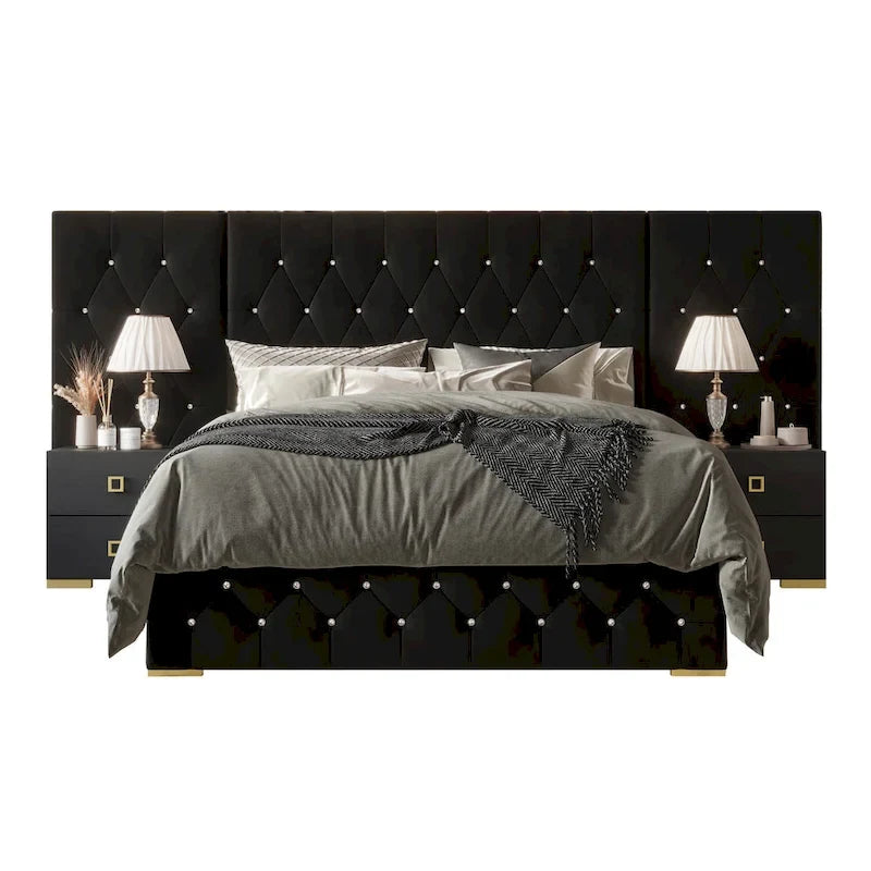 CraftPorch 3 Piece Bedroom Nightstands Set Luxurious Velvet Tufted Platform Bed