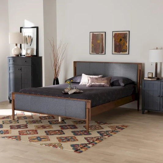Powers Mid-Century Modern Grey Fabric and Ash Walnut Finished Wood Platform Bed