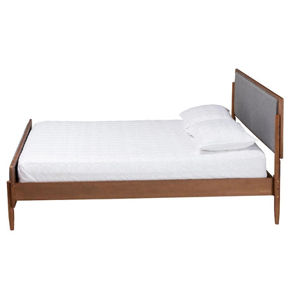 Powers Mid-Century Modern Grey Fabric and Ash Walnut Finished Wood Platform Bed
