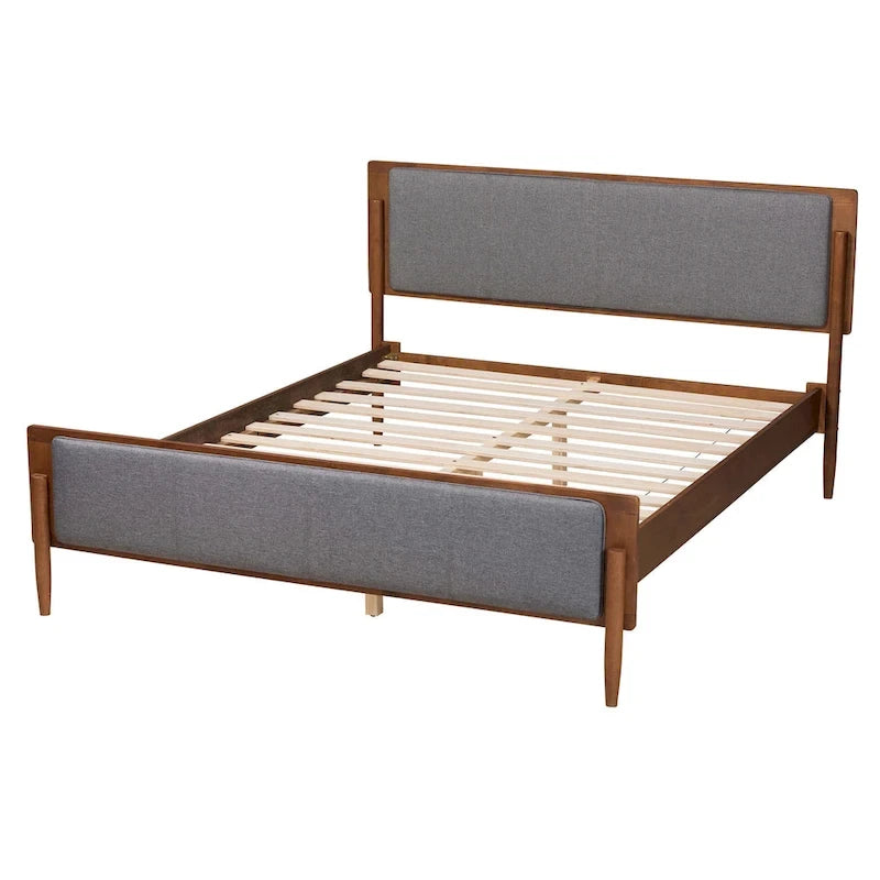 Powers Mid-Century Modern Grey Fabric and Ash Walnut Finished Wood Platform Bed