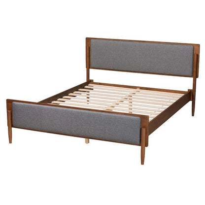 Powers Mid-Century Modern Grey Fabric and Ash Walnut Finished Wood Platform Bed