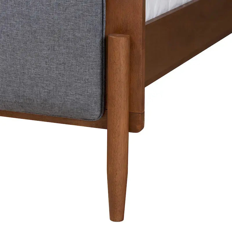 Powers Mid-Century Modern Grey Fabric and Ash Walnut Finished Wood Platform Bed