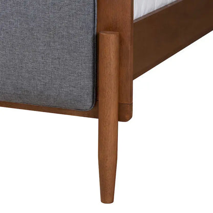 Powers Mid-Century Modern Grey Fabric and Ash Walnut Finished Wood Platform Bed