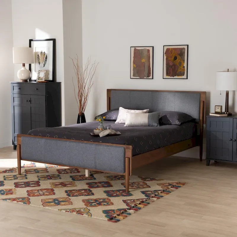 Powers Mid-Century Modern Grey Fabric and Ash Walnut Finished Wood Platform Bed