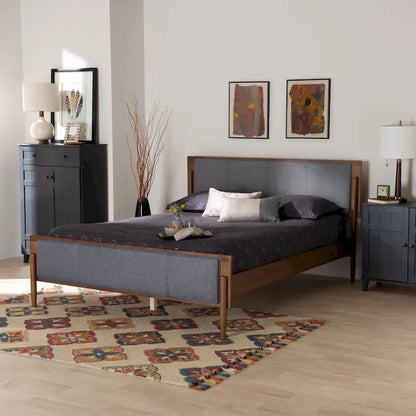 Powers Mid-Century Modern Grey Fabric and Ash Walnut Finished Wood Platform Bed