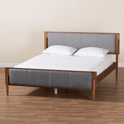Powers Mid-Century Modern Grey Fabric and Ash Walnut Finished Wood Platform Bed