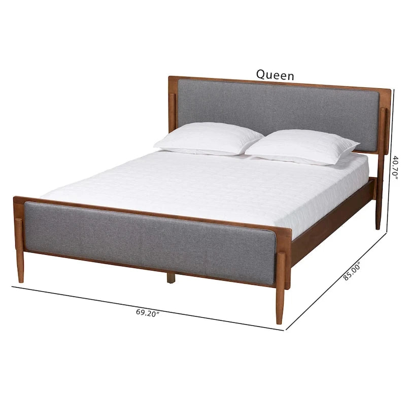 Powers Mid-Century Modern Grey Fabric and Ash Walnut Finished Wood Platform Bed