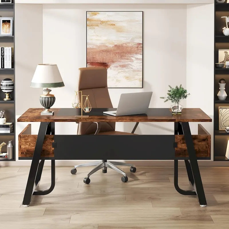 63 Inches Large Executive Desk with Bottom Shelves