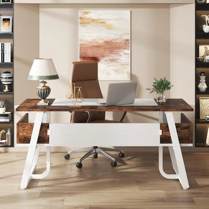 63 Inches Large Executive Desk with Bottom Shelves