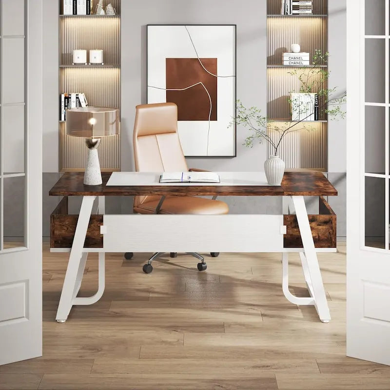 63 Inches Large Executive Desk with Bottom Shelves