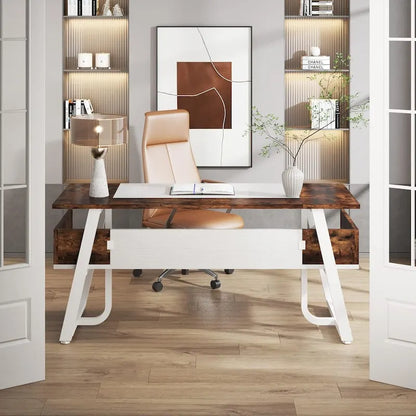 63 Inches Large Executive Desk with Bottom Shelves