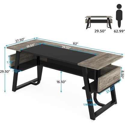 63 Inches Large Executive Desk with Bottom Shelves