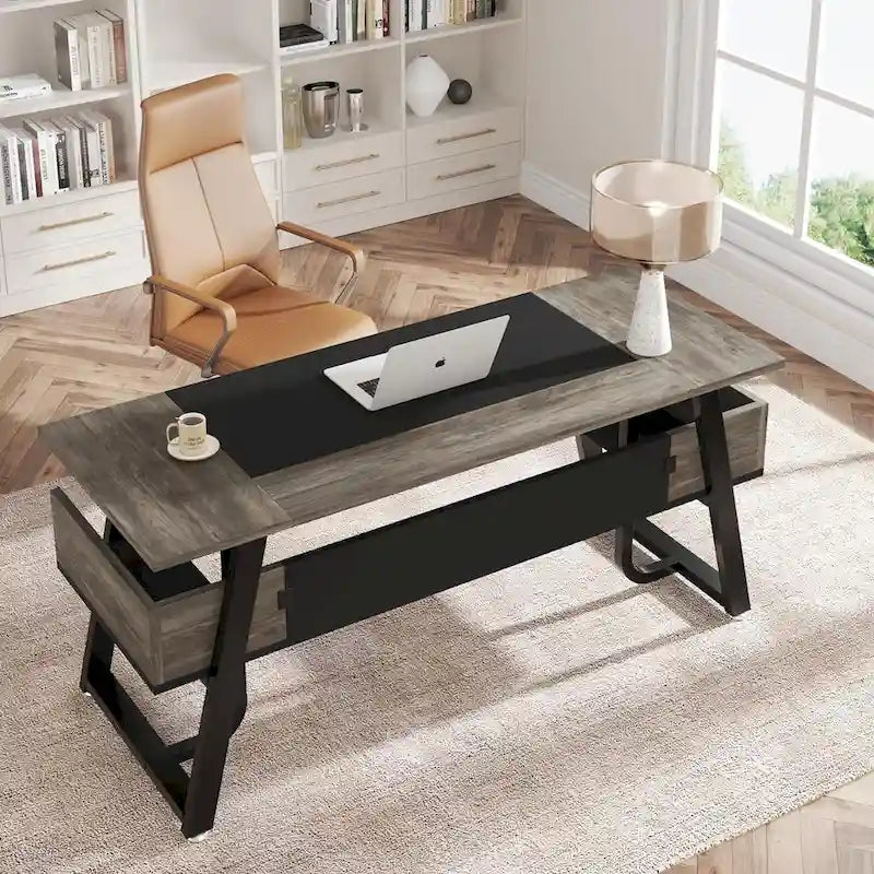 63 Inches Large Executive Desk with Bottom Shelves