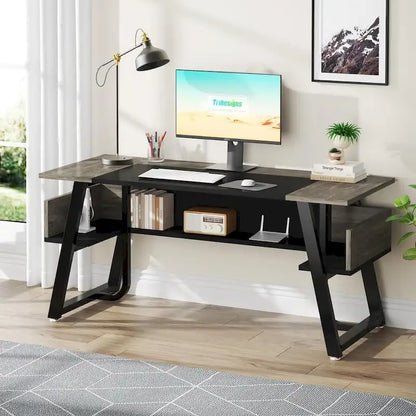 63 Inches Large Executive Desk with Bottom Shelves